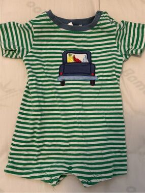 Green & White Striped Baby Romper with Truck Appliqué